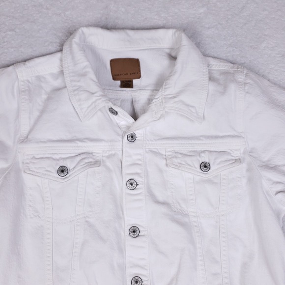 American Eagle Denim Romper XL White Short Sleeve Button Front Frayed Hem - Picture 2 of 8